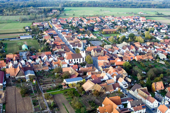 Aerial photograpy of Church on Lange Straße in Ottersheim bei Landau in the state Rhineland-Palatinate, Germany