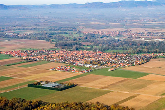 Village - view on the edge of agricultural fields and farmland in Steinweiler in the state Rhineland-Palatinate