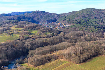 View of the Dornöschen in the Palatinate hidden in the mountains of the Palatinate Forest in Dörrenbach in the state Rhineland-Palatinate, Germany