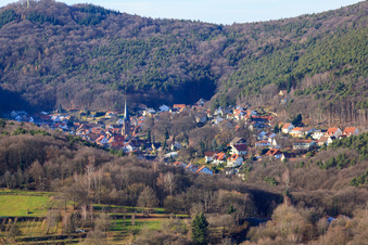 Aerial view of View of the Dornöschen in the Palatinate hidden in the mountains of the Palatinate Forest in Dörrenbach in the state Rhineland-Palatinate, Germany