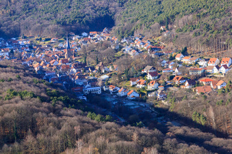 Oblique view of View of the Dornöschen in the Palatinate hidden in the mountains of the Palatinate Forest in Dörrenbach in the state Rhineland-Palatinate, Germany