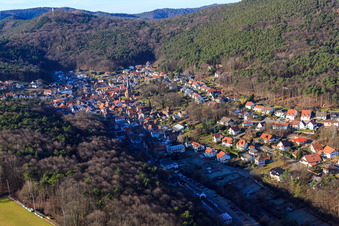 View of the Dornöschen in the Palatinate hidden in the mountains of the Palatinate Forest in Dörrenbach in the state Rhineland-Palatinate, Germany from above