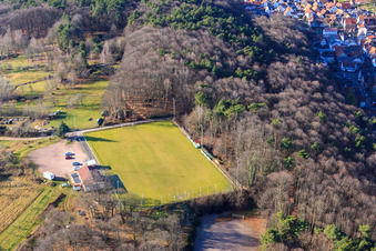 Bird's eye view of SV 1946 Dörrenbach football club sports field and mobile home parking space Dörrenbach in Dörrenbach in the state Rhineland-Palatinate, Germany