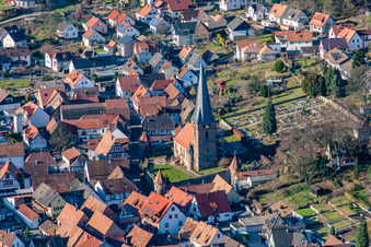 Aerial view of Church of St. Martin in the village of in Doerrenbach in the state Rhineland-Palatinate