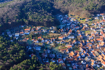 View of the Dornöschen in the Palatinate hidden in the mountains of the Palatinate Forest in Dörrenbach in the state Rhineland-Palatinate, Germany seen from above