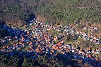 View of the Dornöschen in the Palatinate hidden in the mountains of the Palatinate Forest in Dörrenbach in the state Rhineland-Palatinate, Germany from the plane