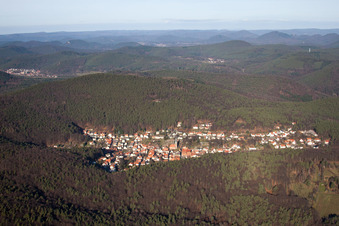 Forest and mountain scenery des suedlichen Pfaelzerwald in Doerrenbach in the state Rhineland-Palatinate from above