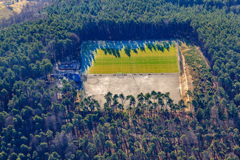 Aerial view of Sports field in the forest of SV Schweigen-Rechtenbach 1929 eV in the district Rechtenbach in Schweigen-Rechtenbach in the state Rhineland-Palatinate, Germany