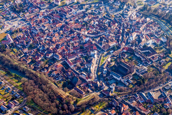 Aerial photograpy of Old Town area and city center in Wissembourg in Grand Est, France