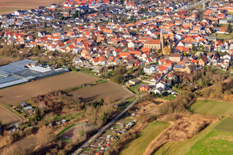 Oblique view of Catholic Church of St. John the Baptist in the district Sondernheim in Germersheim in the state Rhineland-Palatinate, Germany
