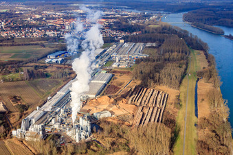 Aerial view of Steam plume of Rheinspan GmbH & Co. KG in Germersheim in the state Rhineland-Palatinate, Germany