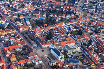 Aerial view of St. Mary, City Administration Philippsburg and Market Square in Philippsburg in the state Baden-Wuerttemberg, Germany
