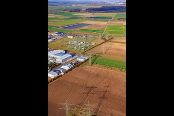 Aerial view of TransnetBW substation Altlußheim in Altlußheim in the state Baden-Wuerttemberg, Germany