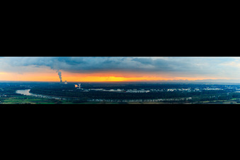 Aerial view of Rhine loop at sunset from the northeast in Speyer in the state Rhineland-Palatinate, Germany