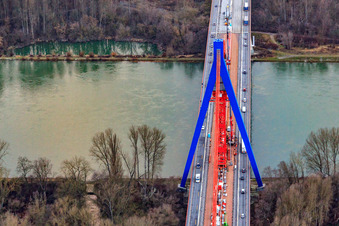 Construction site for the renovation of the pylons of the A61 motorway bridge over the Rhine in Otterstadt in the state Rhineland-Palatinate, Germany