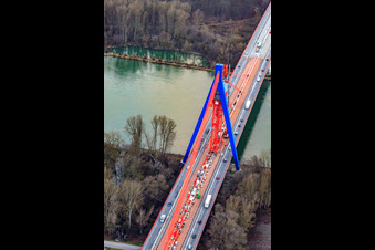 Aerial view of Construction site for the renovation of the pylons of the A61 motorway bridge over the Rhine in Otterstadt in the state Rhineland-Palatinate, Germany