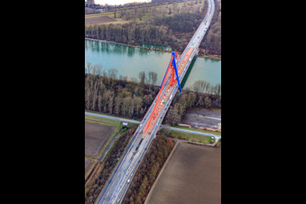 Aerial photograpy of Construction site for the renovation of the pylons of the A61 motorway bridge over the Rhine in Otterstadt in the state Rhineland-Palatinate, Germany