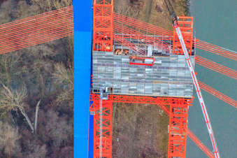 Oblique view of Construction site for the renovation of the pylons of the A61 motorway bridge over the Rhine in Otterstadt in the state Rhineland-Palatinate, Germany