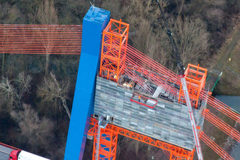 Aerial view of Reconstruction site for the highway bridge in the motorway A 61 crossing the river Rhine in Hockenheim in the state Baden-Wurttemberg, Germany