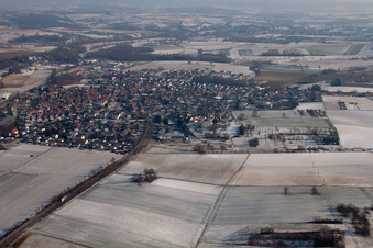 Aerial view of In winter from the west in the district Münzesheim in Kraichtal in the state Baden-Wuerttemberg, Germany