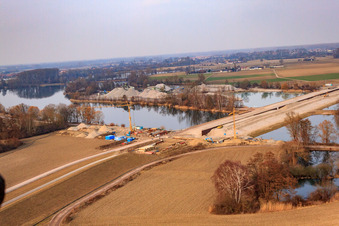 Aerial view of Polde Bridge over the Althrein at Neupotz in Neupotz in the state Rhineland-Palatinate, Germany