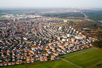 Aerial view of City from the south in Hockenheim in the state Baden-Wuerttemberg, Germany