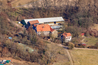 Bird's eye view of Wanzheim Mill in Rheinzabern in the state Rhineland-Palatinate, Germany