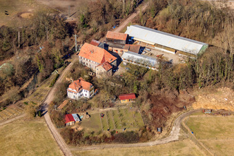 Aerial view of Wanzheim Mill in Rheinzabern in the state Rhineland-Palatinate, Germany