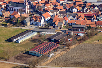 Aerial view of Agricultural buildings at Oberdorf in Rheinzabern in the state Rhineland-Palatinate, Germany