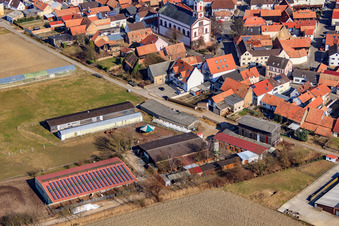 Oblique view of Agricultural buildings at Oberdorf in Rheinzabern in the state Rhineland-Palatinate, Germany