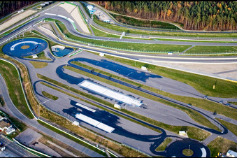 Aerial photograpy of Racetrack racecourse Hockenheimring Baden-Wuerttemberg in Hockenheim in the state Baden-Wurttemberg, Germany