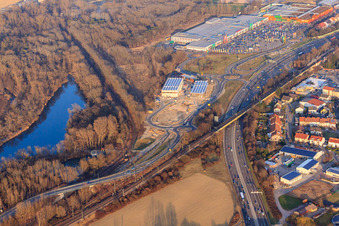 Aerial view of Maximiliancenter II with construction site for dm and Sport Fink in the district Maximiliansau in Wörth am Rhein in the state Rhineland-Palatinate, Germany