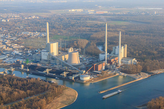 Aerial view of New building at the Rhine harbor steam power plant of ENBW in the district Daxlanden in Karlsruhe in the state Baden-Wuerttemberg, Germany