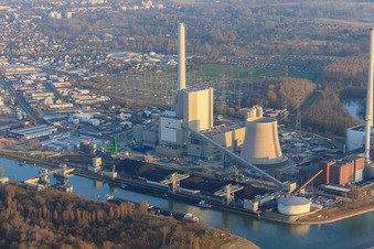 Aerial photograpy of New building at the Rhine harbor steam power plant of ENBW in the district Daxlanden in Karlsruhe in the state Baden-Wuerttemberg, Germany