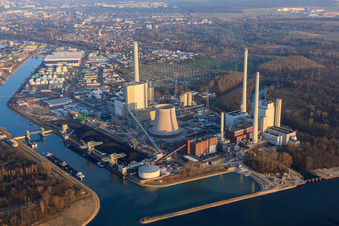 Oblique view of New building at the Rhine harbor steam power plant of ENBW in the district Daxlanden in Karlsruhe in the state Baden-Wuerttemberg, Germany