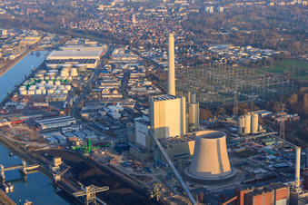 New building at the Rhine harbor steam power plant of ENBW in the district Daxlanden in Karlsruhe in the state Baden-Wuerttemberg, Germany out of the air