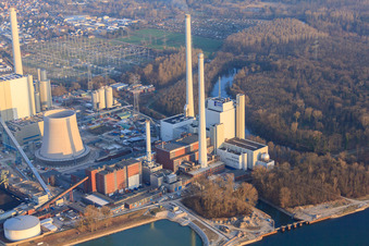 New building at the Rhine harbor steam power plant of ENBW in the district Daxlanden in Karlsruhe in the state Baden-Wuerttemberg, Germany seen from above