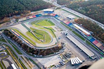Aerial view of Wintry snowy Serpentine curve of the racetrack route of Motodrom Hockenheimring in Hockenheim in the state Baden-Wurttemberg