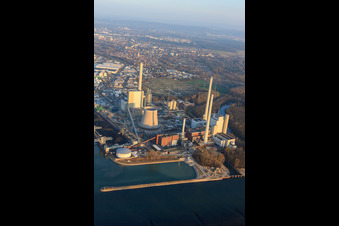 New building at the Rhine harbor steam power plant of ENBW in the district Daxlanden in Karlsruhe in the state Baden-Wuerttemberg, Germany from the plane
