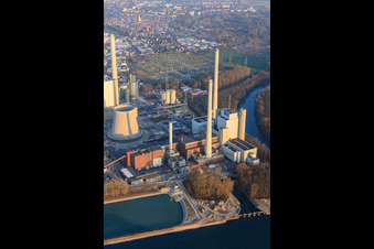 Drone recording of New building at the Rhine harbor steam power plant of ENBW in the district Daxlanden in Karlsruhe in the state Baden-Wuerttemberg, Germany