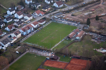 Sports fields in the district Ingenheim in Billigheim-Ingenheim in the state Rhineland-Palatinate, Germany from above