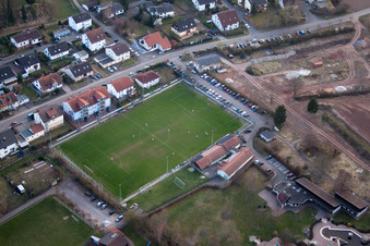 Sports fields in the district Ingenheim in Billigheim-Ingenheim in the state Rhineland-Palatinate, Germany seen from above