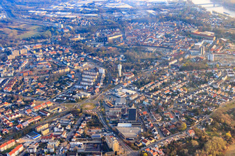 View of the town with water tower from the southwest in Germersheim in the state Rhineland-Palatinate, Germany