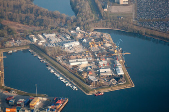 Aerial view of Quays and boat moorings at the port of the inland port of the Rhine river in Germersheim in the state Rhineland-Palatinate, Germany