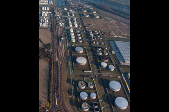 Aerial view of Tanquid fuel depot at the airport from the east in Speyer in the state Rhineland-Palatinate, Germany