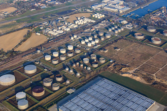 Aerial photograpy of Tanquid fuel depot at the airport from the east in Speyer in the state Rhineland-Palatinate, Germany