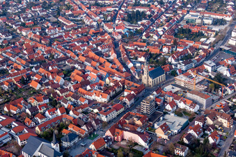 Aerial photograpy of Town View of the streets and houses of the residential areas in Walldorf in the state Baden-Wurttemberg, Germany