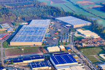 Aerial view of Zufall Logistics in the Horst industrial park in the district Minderslachen in Kandel in the state Rhineland-Palatinate, Germany