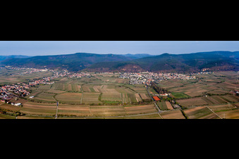 Panoramic perspective of Village - view on the edge of wine yards in the district Gimmeldingen in Neustadt an der Weinstrasse in the state Rhineland-Palatinate, Germany