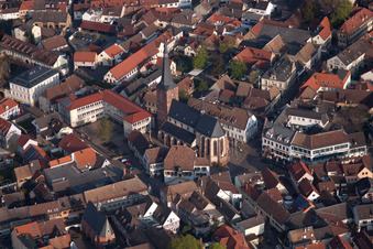 Old Town area and city center in Deidesheim in the state Rhineland-Palatinate from above